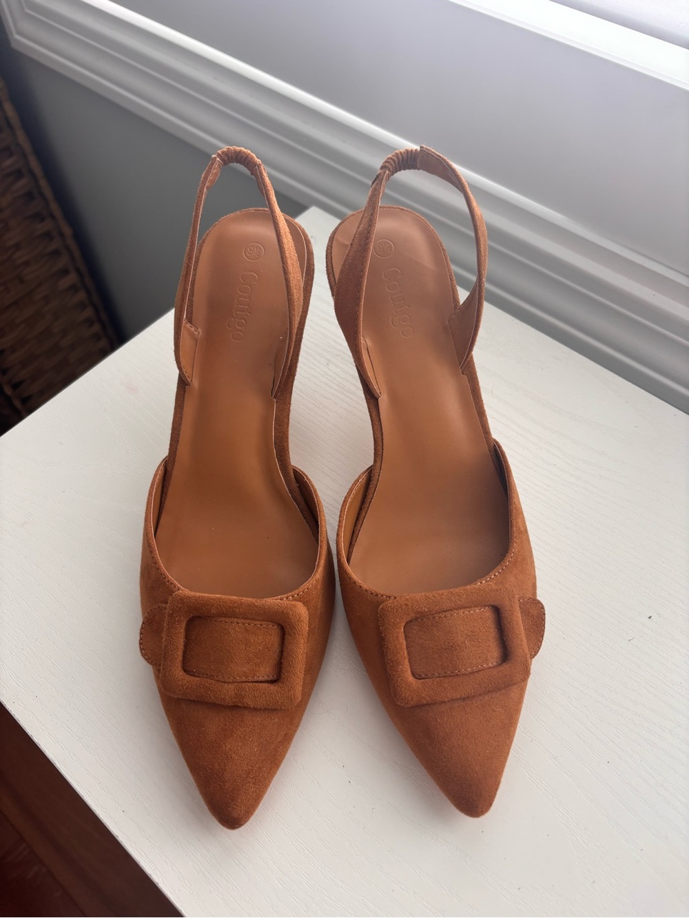 Slingback Pointed-Toe Pumps in Cognac